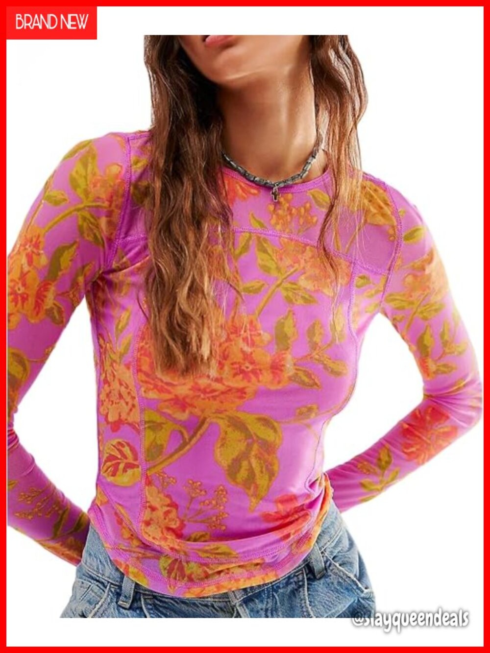 Sheer Mesh Long Sleeve Layering Blouse, Crew Neck Floral Pattern, Stretchy